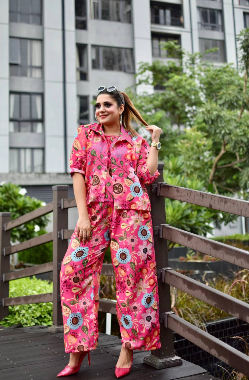 Hot Pink Floral 3 Pieces Co-ord Set