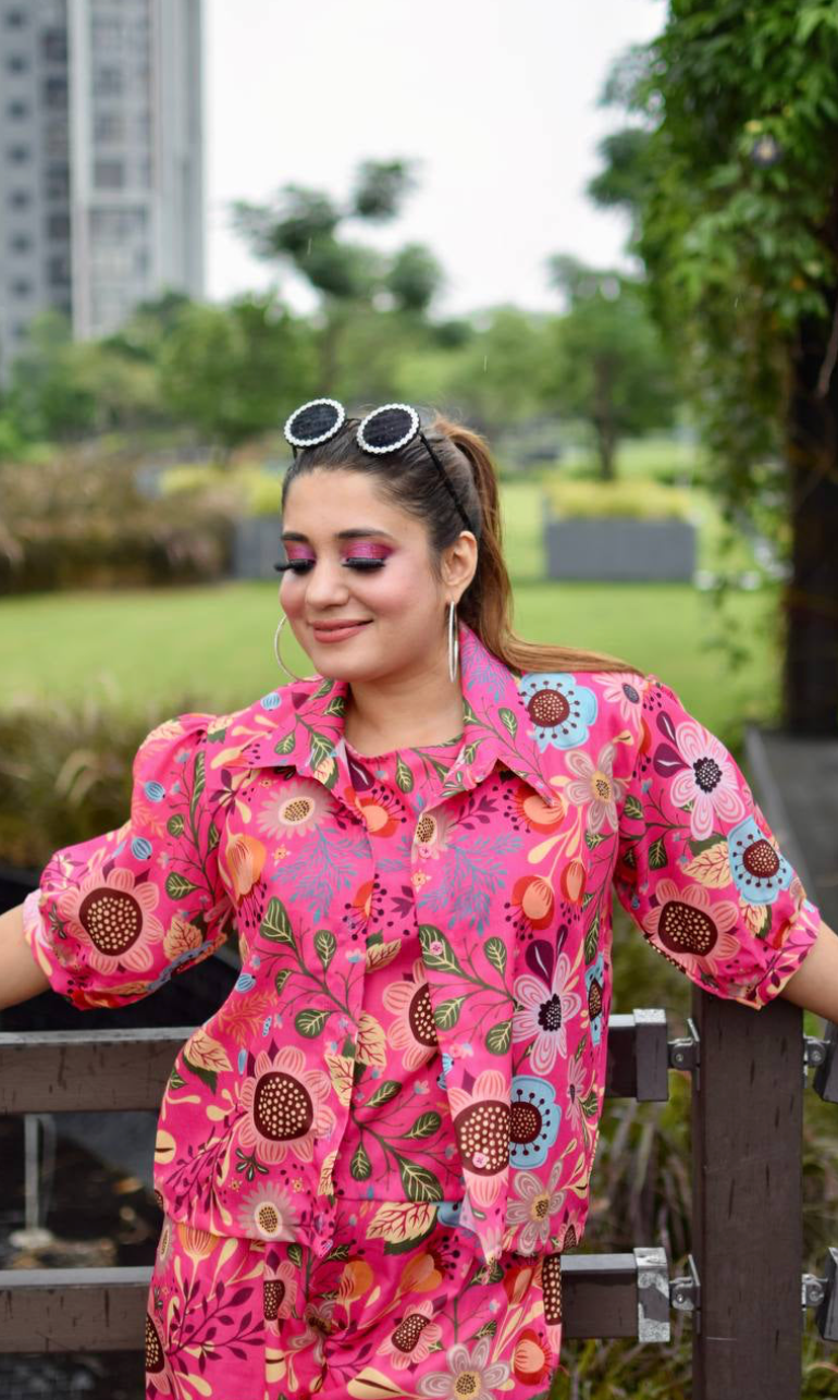 Hot Pink Floral 3 Pieces Co-ord Set