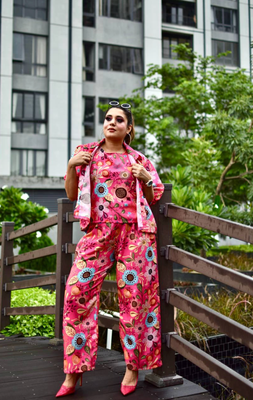 Hot Pink Floral 3 Pieces Co-ord Set