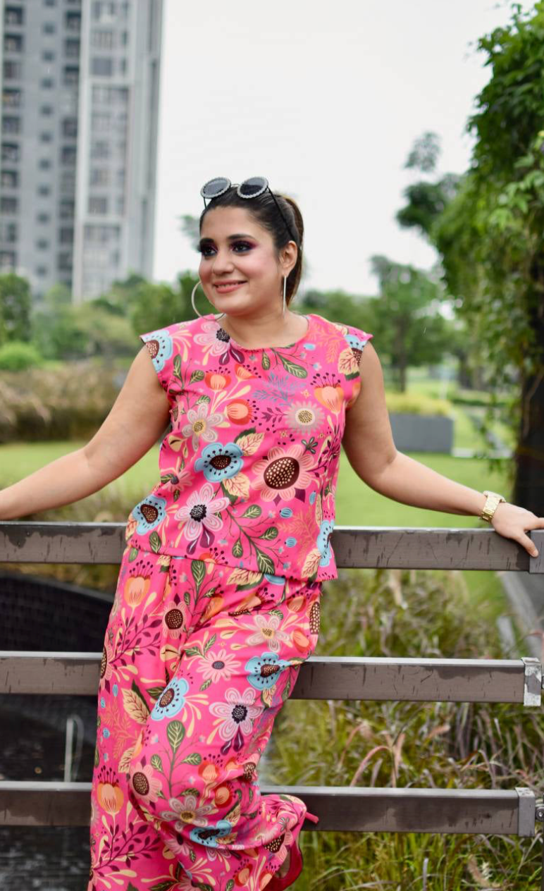 Hot Pink Floral 3 Pieces Co-ord Set