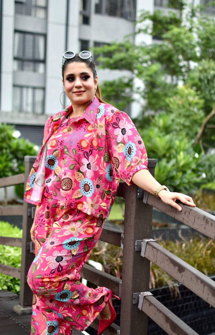 Hot Pink Floral 3 Pieces Co-ord Set
