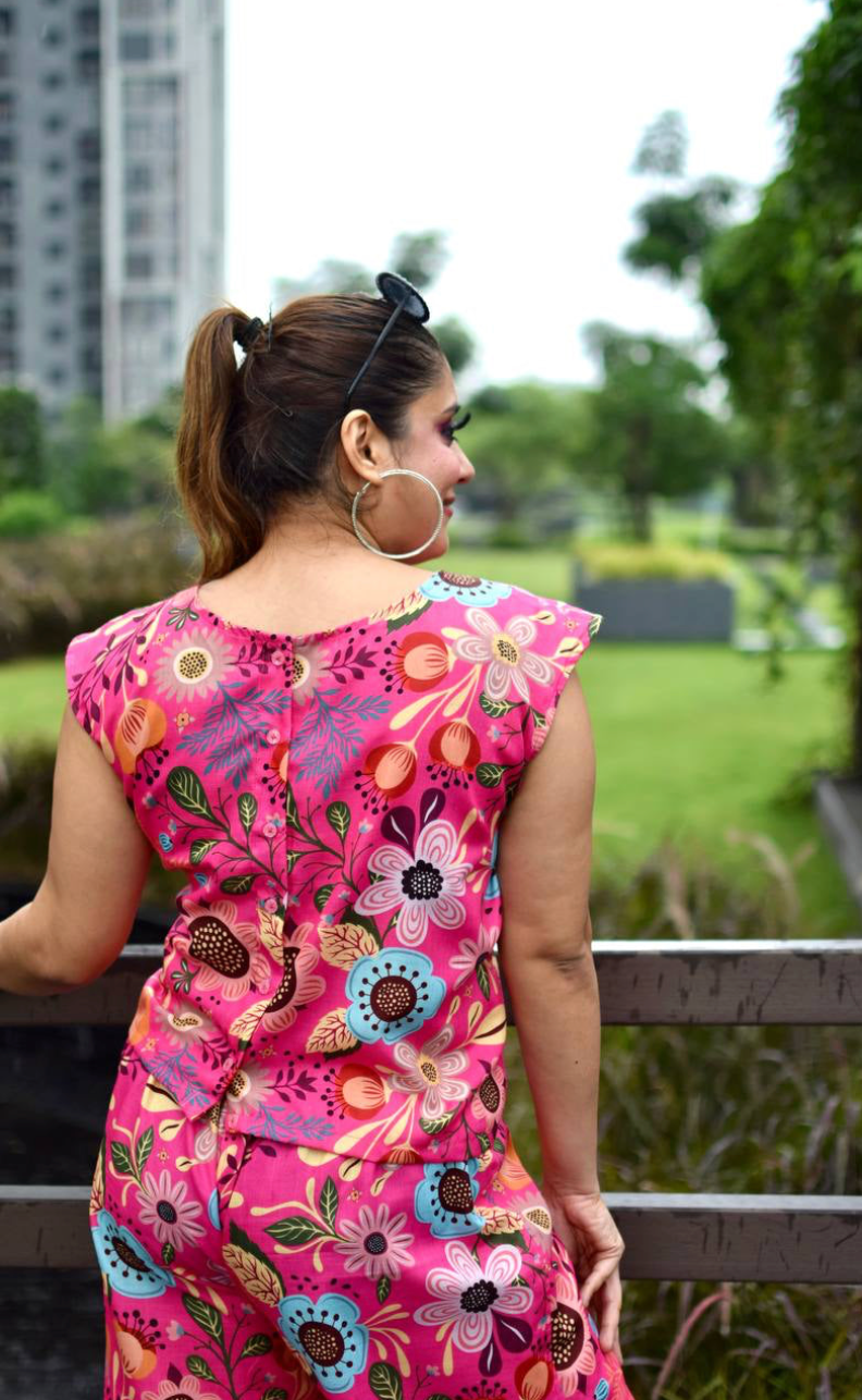 Hot Pink Floral 3 Pieces Co-ord Set