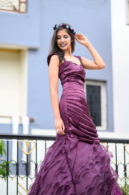 Pleated Wine Fish-Cut Gown With Organza Ruffles