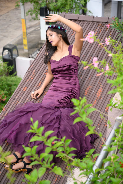 Pleated Wine Fish-Cut Gown With Organza Ruffles