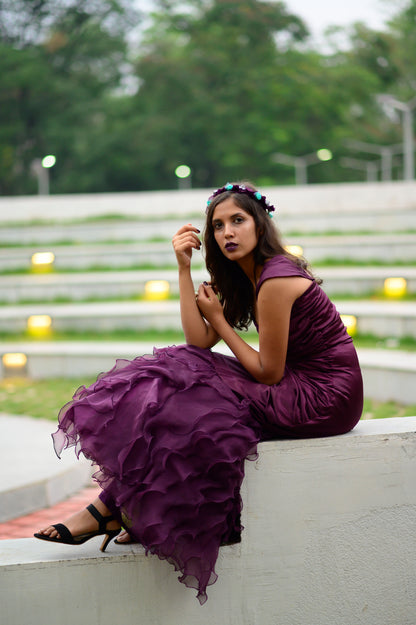 Pleated Wine Fish-Cut Gown With Organza Ruffles