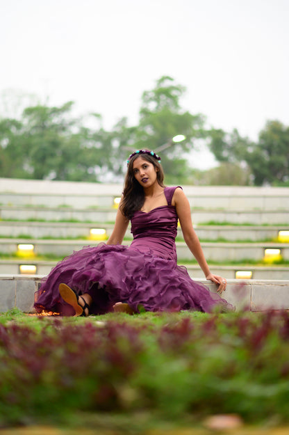 Pleated Wine Fish-Cut Gown With Organza Ruffles