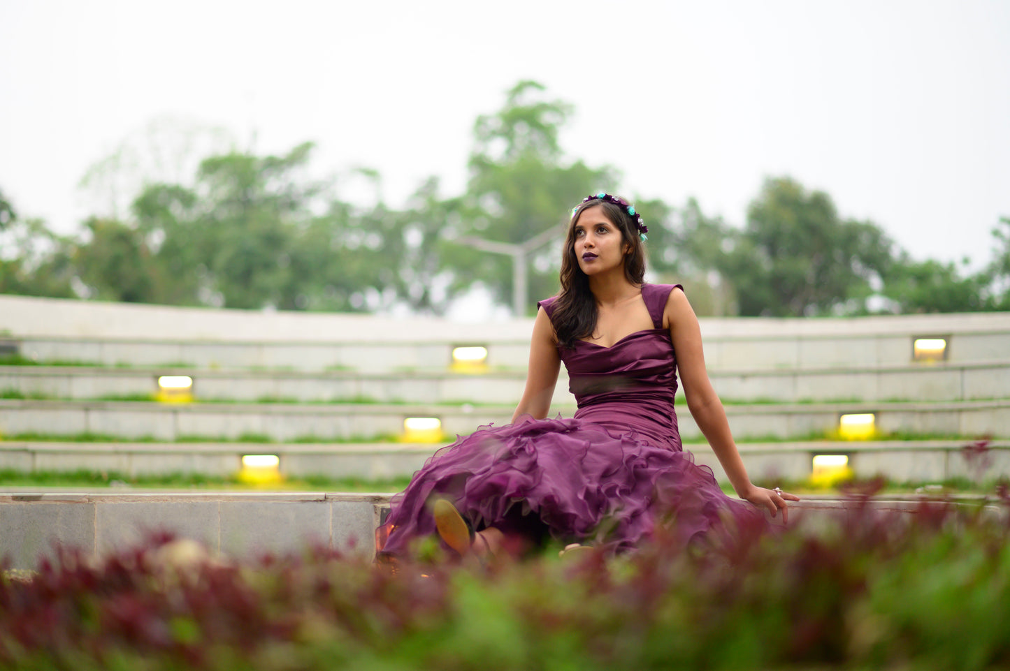 Pleated Wine Fish-Cut Gown With Organza Ruffles