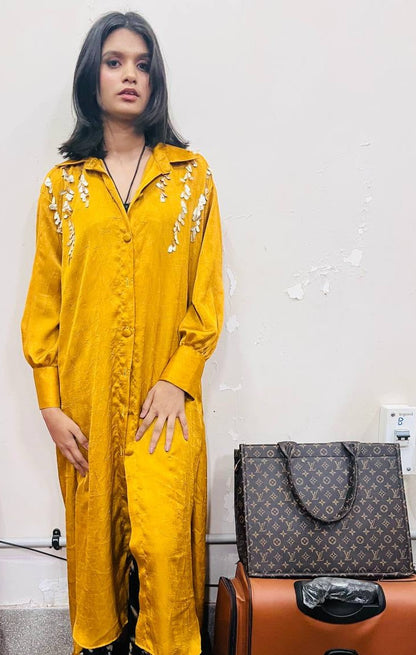 Yellow Crushed Long Shirt Dress